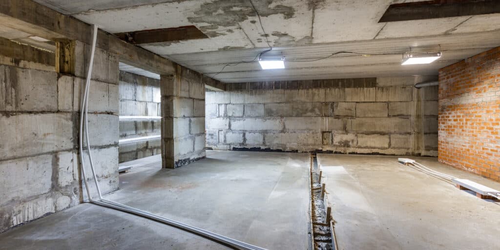 basement concrete floor being repaired